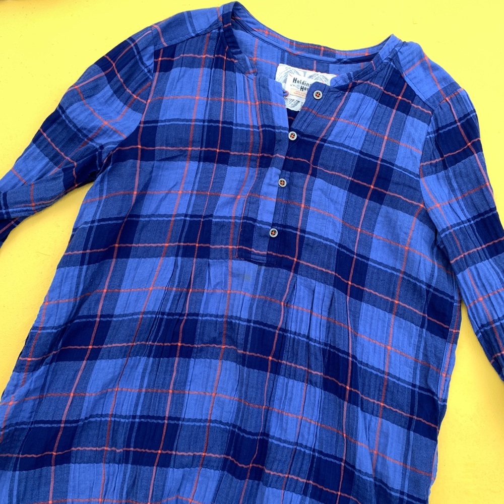 HOLDING HORSES tunic shirt long sleeve plaid print blue Medium anthropologie